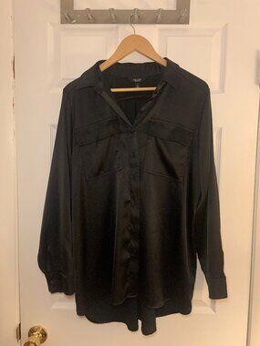 Simply Vera Vera Wange Black Satin Utility Button Down Oversized Shirt - Size XL